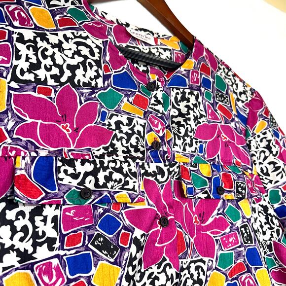 VTG Lauren Lee Floral Print Colorful Smocked Top Pink Maximalist 90s Abstract‎ - Picture 2 of 9